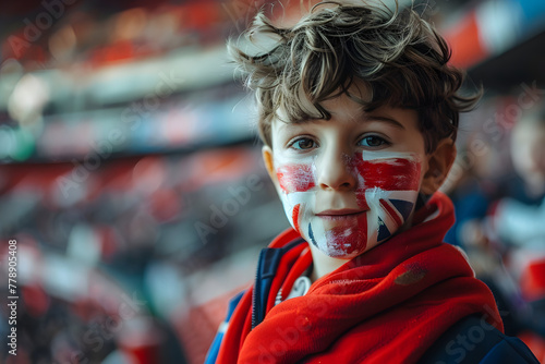 child boy soccer fun with painted face of flag England in football stadium
child boy soccer fun with painted face of flag England in football stadium
 photo