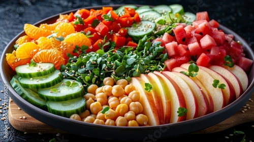   Fruits   veggies displayed on wood platter  black surface Sprouts  tomatoes  cucumbers  oranges  watermelon  peas