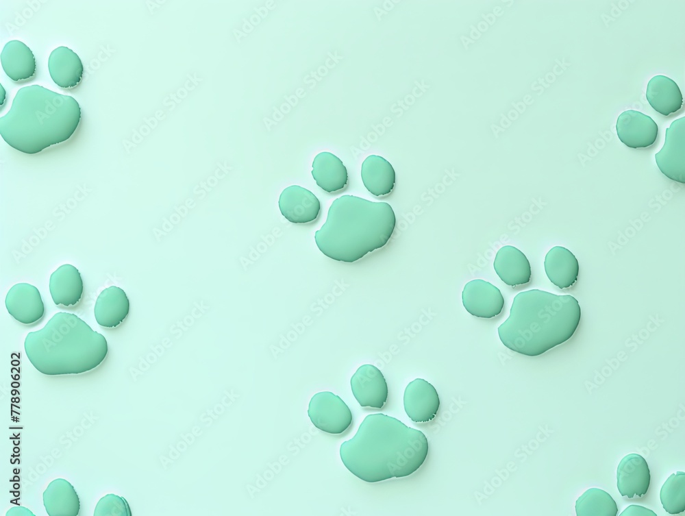 Mint Green paw prints on a background, minimalist backdrop pattern with copy space for design or photo, animal pet cute surface