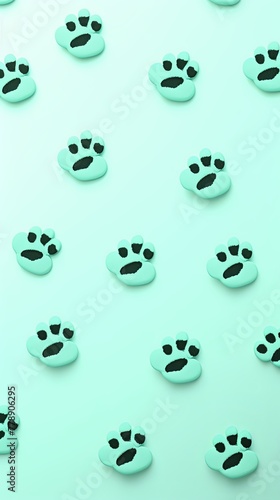 Mint Green paw prints on a background, minimalist backdrop pattern with copy space for design or photo, animal pet cute surface © GalleryGlider