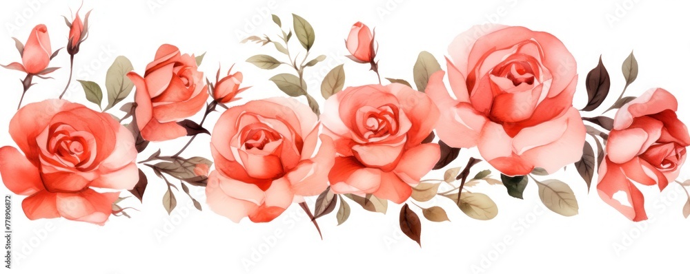 Coral roses watercolor clipart on white background, defined edges floral flower pattern background with copy space for design text or photo backdrop minimalistic 