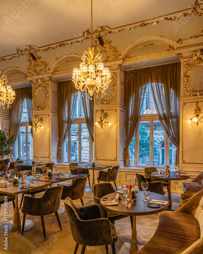 an elegant room has chandeliers and velvet sofas photo