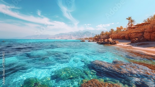 Sunny resort beach at the coast shore of Red Sea in Dahab, Sinai, Egypt, Asia in summer hot. Famous tourist destination Blue Hole near of Sharm el Sheikh. Bright sunny light