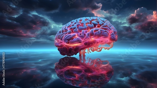 luminous, ethereal neon brain cortex form in clouds, reflecting on water photo