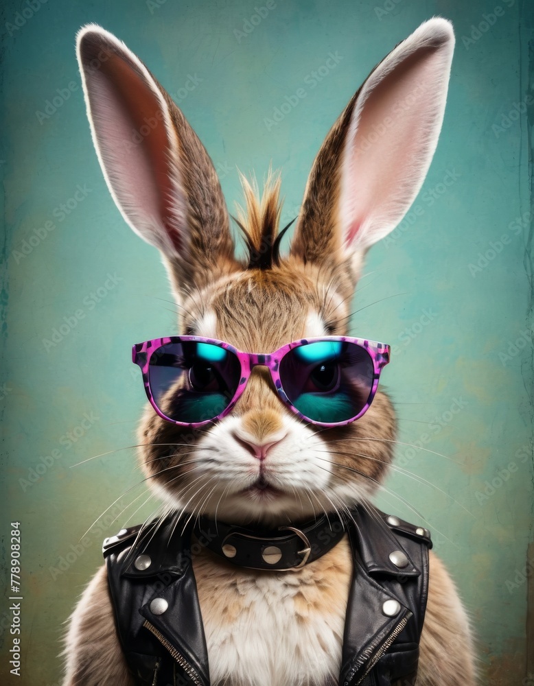 A whimsical portrait of a stylized rabbit donning pink sunglasses and a black leather jacket, blending cute with edgy