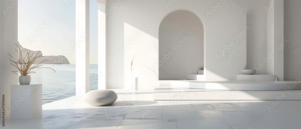 Minimalist interior of an apartment near the sea, sea view, minimalist architecture style Minimalist interior of an apartment near the sea, sea view, minimalist architecture style