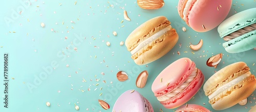 A variety of macarons, representing different flavors and colors, are displayed on a vibrant blue background. The circular shape of the macarons adds an artistic touch to the event
