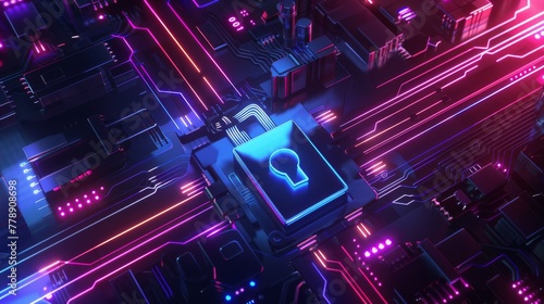 Digital padlock securing data flow, neon circuitry, top view, cyber defense aura low noise