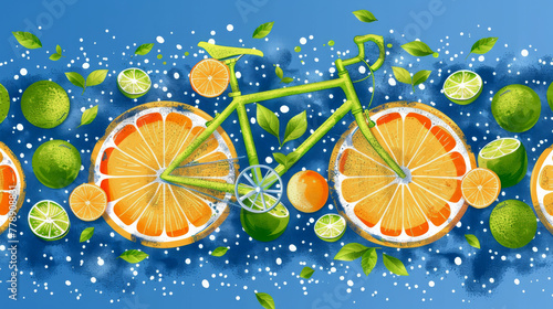 Vibrant Citrus Bicycle Concept on Blue Background © Yulia