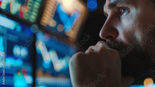 Day trader watching stock fluctuations, intense focus, closeup, high stakes atmosphere no dust