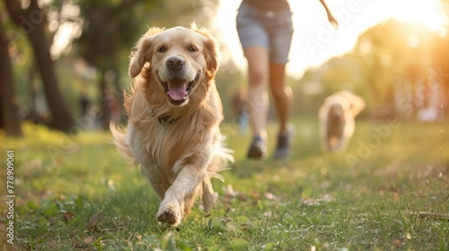 Golden retriever dog is running with the owner, a happy, smile woman happily in the morning sunrise. 