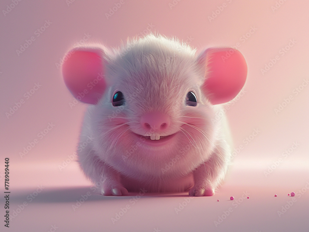3D cute animal with big head, happy expression, pastel background, simple design, soft lighting, eye-level view