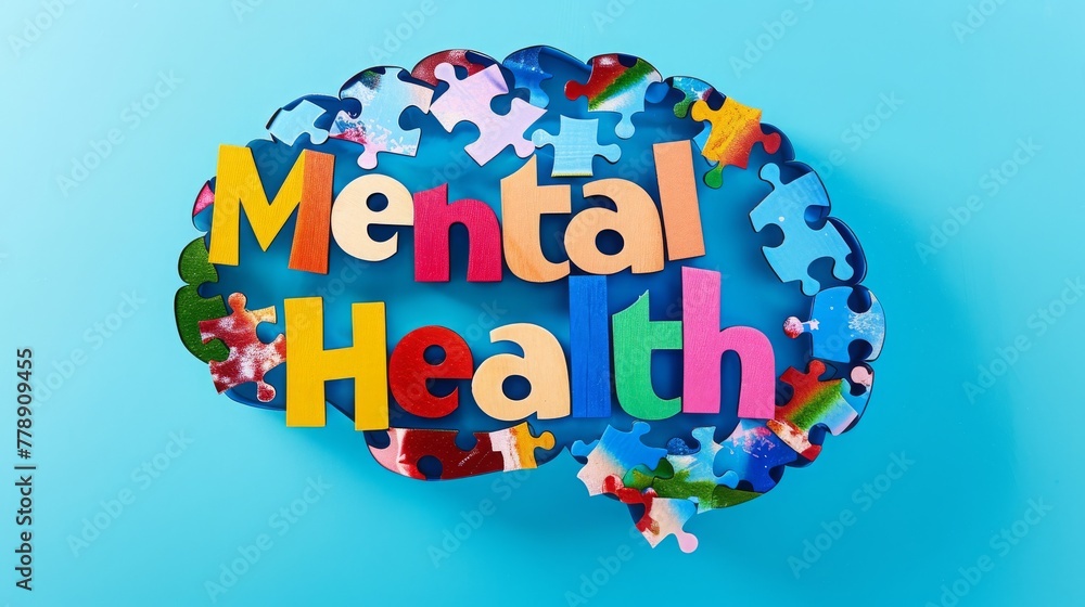 Assembled brain-shaped jigsaw puzzle on a light blue background with ...
