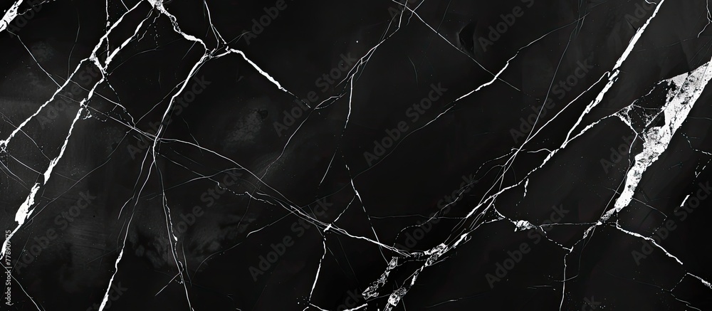 A detailed closeup showcasing the intricate pattern of dark black marble with elegant white veins, resembling a twisted twig or tree branches in monochrome photography A detailed closeup showcasing the intricate pattern of dark black marble with elegant white veins, resembling a twisted twig or tree branches in monochrome photography