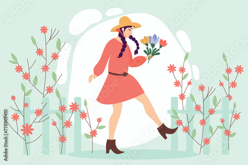 A girl with spring flowers in hands. Vector spring frame.