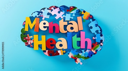 Assembled brain-shaped jigsaw puzzle on a light blue background with the words "Mental Health" spelled out in colorful wooden letters. Mental well-being and addressing mental health issues.