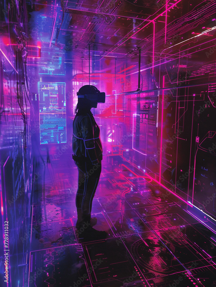 AI art in virtual reality, cybernetic space, neon palette, first-person perspective, glowing contours AI art in virtual reality, cybernetic space, neon palette, first-person perspective, glowing contours