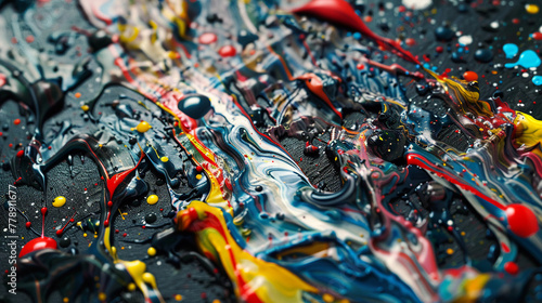 AI as an abstract painter  splattered colors  studio backdrop  close view  dramatic lighting  artistic chaos