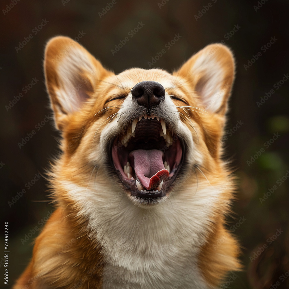 A humorous corgi caught mid-yawn, showing off its signature big smile and showcasing its adorable teeth in a way that's hard to resist