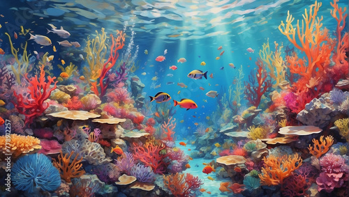 Fototapeta Naklejka Na Ścianę i Meble -  A vibrant coral reef teeming with colorful fish and marine life, viewed from beneath the clear blue water. Colorful coral reef with many fishes and sea turtle.