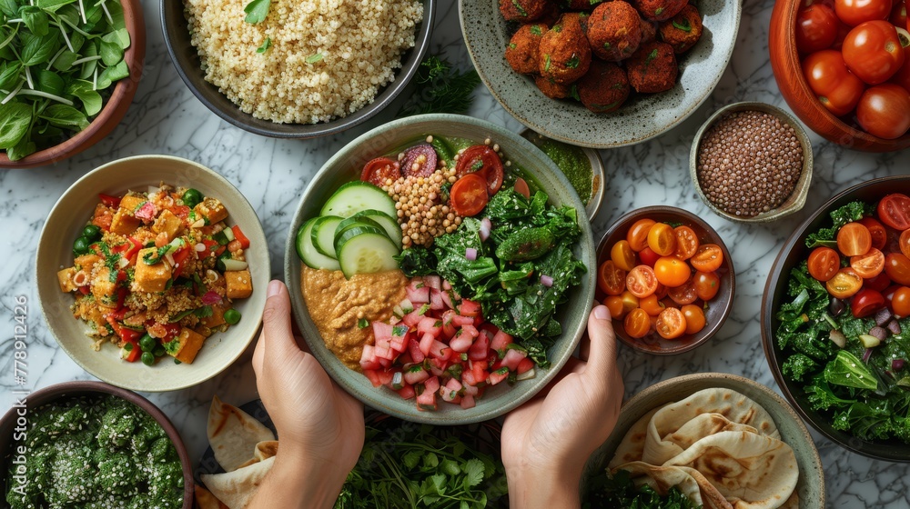   A person holds a bowl of food before a table filled with diverse vegetables and other dishes