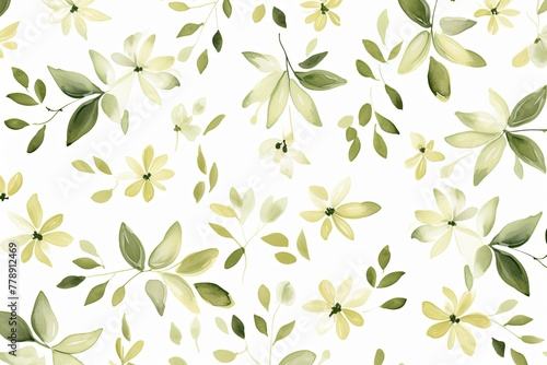 Olive flower petals and leaves on white background seamless watercolor pattern spring floral backdrop 