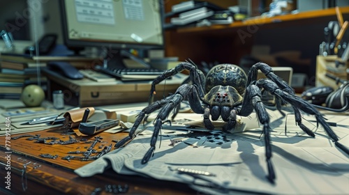 Fake spider on computer table 