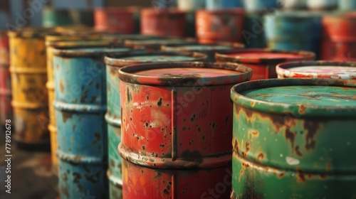 Oil barrels in a factory, closeup with selective focus © Олег Фадеев