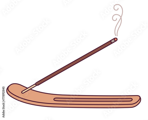 Burning joss stick in wooden incense holder drawing