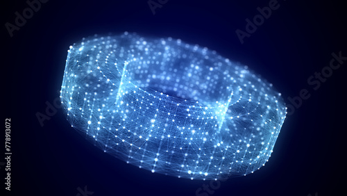 Abstract blue torus with connecting dots and lines. Wireframe technology torus. Big data visualization. 3d rendering.