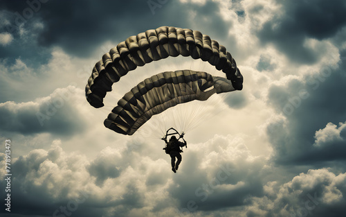 Parachute regiment in sky, view from below, silhouettes against a clouded sky, symbolizing airborne forces. photo