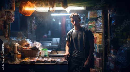 Street vendor stands in a dimly lit room  captured in the unique style
