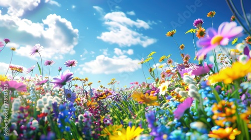 3d render, a garden full of flowers in the style of vibrant and colorful, fantasyinspired art, high resolution, colorful flower field, sunny day