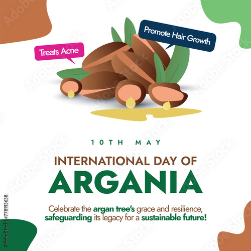 International day of Argania. 10th May International day of Argania celebration post, banner, card, template with argan seeds. This day celebrates the argan trees they play crucial role in environment