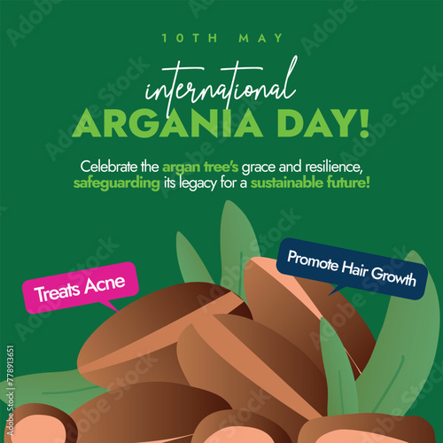 International day of Argania. 10th May International day of Argania celebration banner with argan plant and seeds on dark green background. Banner, social media post for Benefits of Argan trees.