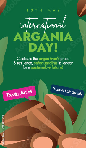 International day of Argania. 10th May International day of Argania celebration story banner with argan plant and seeds on dark green background. Banner, social media post for Benefits of Argan trees.