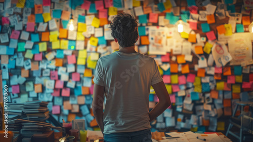 Creative Brainstorming, A person engages in reflective thought amid a plethora of colorful ideas on a wall.