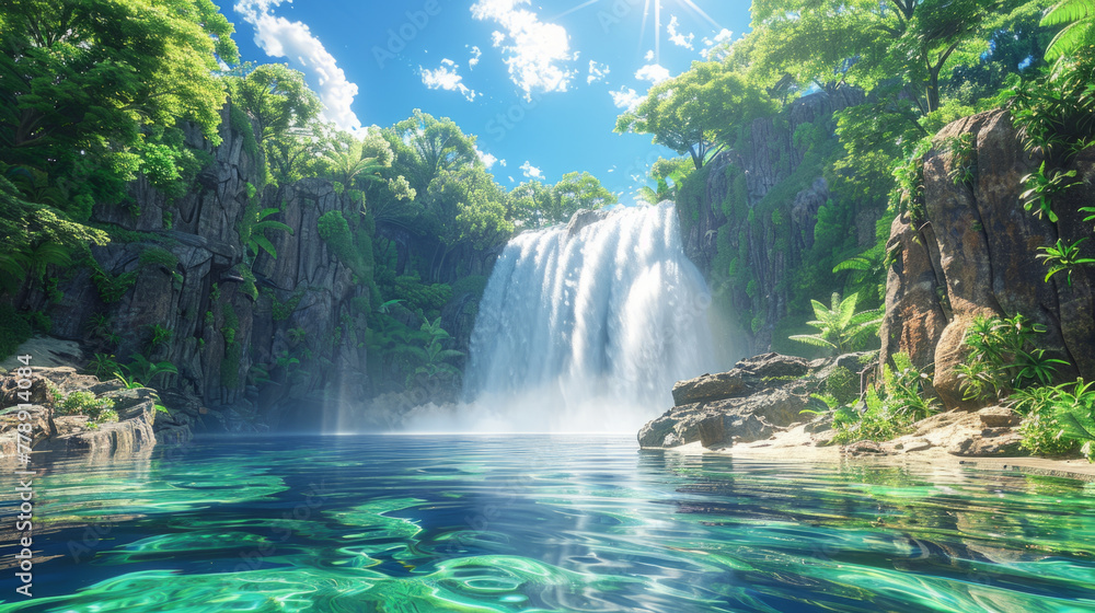Natural Landscape, A tranquil waterfall oasis, secluded in a vibrant forest under a clear sky. Natural Landscape, A tranquil waterfall oasis, secluded in a vibrant forest under a clear sky.