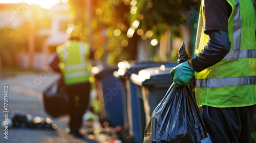 Waste Collectors in High-Visibility Vests Cleaning Up Neighborhood Street at Sunse photo