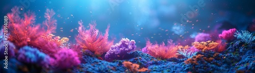 Neon coral reef under the sea, glowing light effects on a dark background, photorealistic ,3DCG,high resulution,clean sharp focus photo