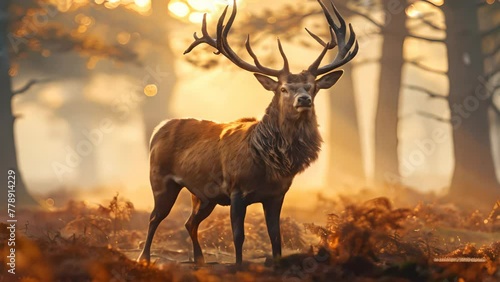 a full crown of antlers standing in a foggy forest clearing at sunrise, embodying the spirit of the wilderness photo