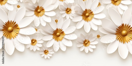 Gold and white daisy pattern, hand draw, simple line, flower floral spring summer background design with copy space for text or photo backdrop  © Celina