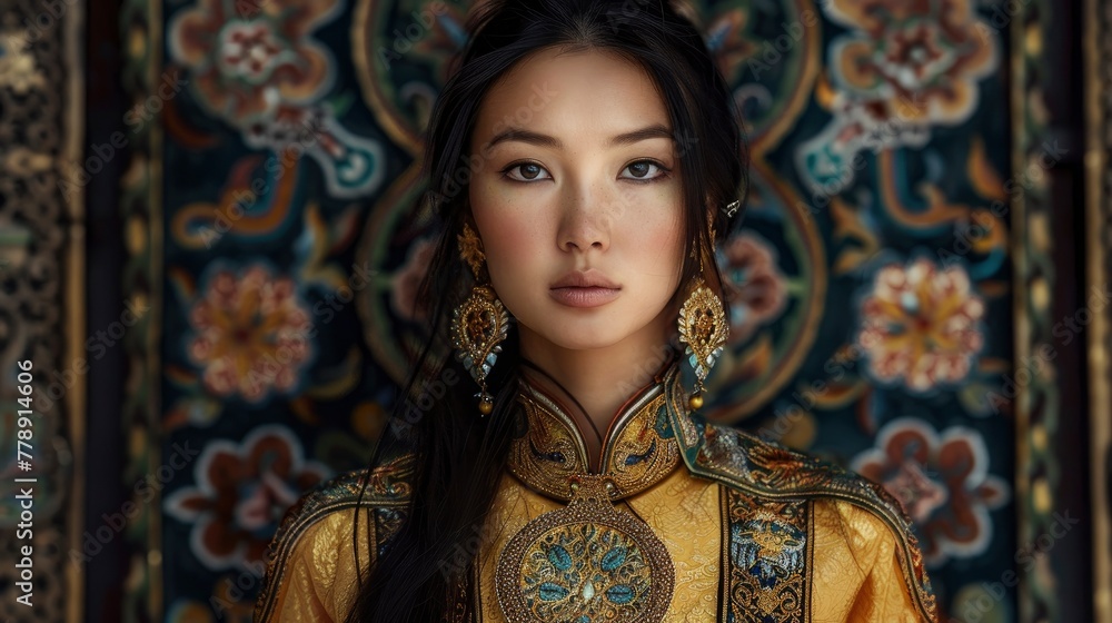 A beautiful Mongolian woman with long black hair wearing traditional dress and gold earrings, in front of an intricate background