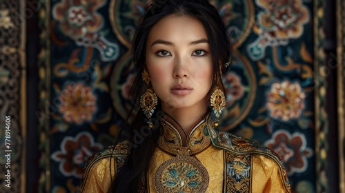 A beautiful Mongolian woman with long black hair wearing traditional dress and gold earrings, in front of an intricate background