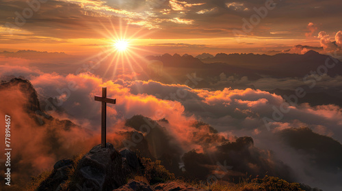 Majestic Sunrise Behind the Christian Cross on a Mountain Summit