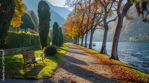 A stunning park located on the coast of Lake Como in the town of Varena, Italy. photo