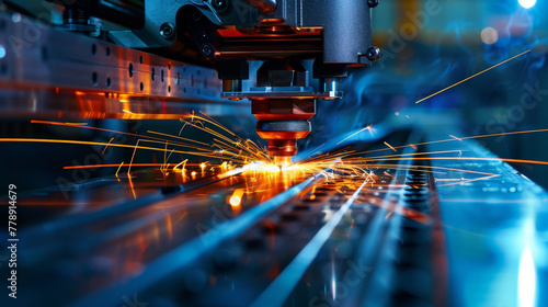 Precision Laser Cutting Metal with Bright Sparks in Industrial Environment