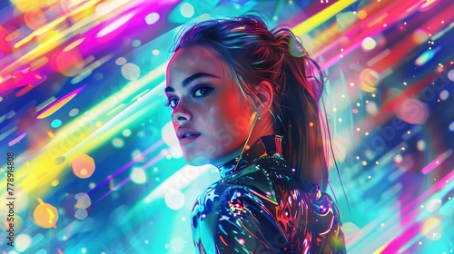 A beautiful woman in a black bodysuit made of rainbow light, a highly detailed illustration, standing against a colorful background in the cyberpunk art style of a poster