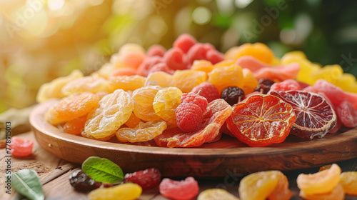 Dried Fruits, An array of colorful dried fruits on a wooden surface, exuding rustic charm.