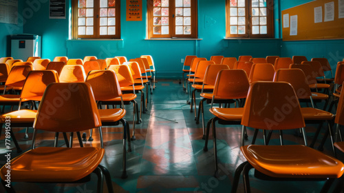 Empty Classroom with Rows of Orange Chairs and Desks photo